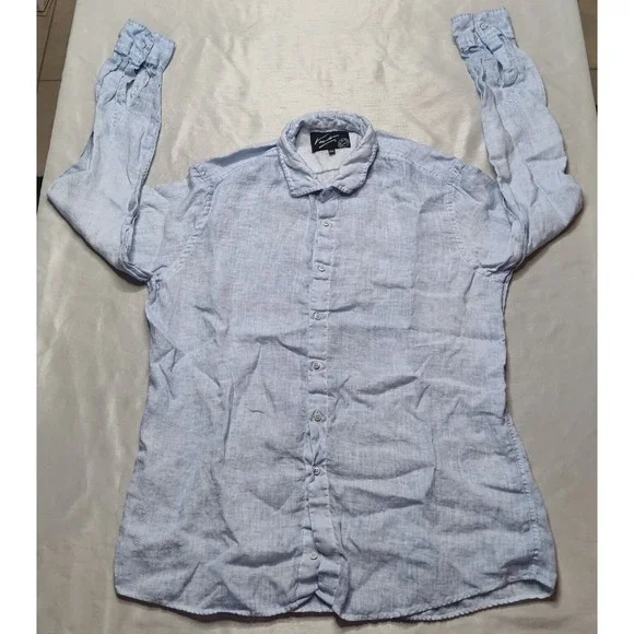 VICTOR Men Size 2XL Blue Dye 100% LINEN Long Sleeve Button Shirt Made In Spain - Picture 7 of 14